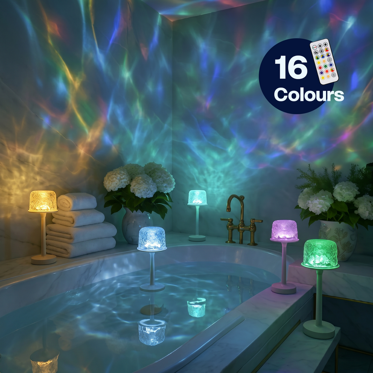 Wavora™ – Kabellose LED-Nachtlampe mit Wasserwellen-Effekt und 16 Farben