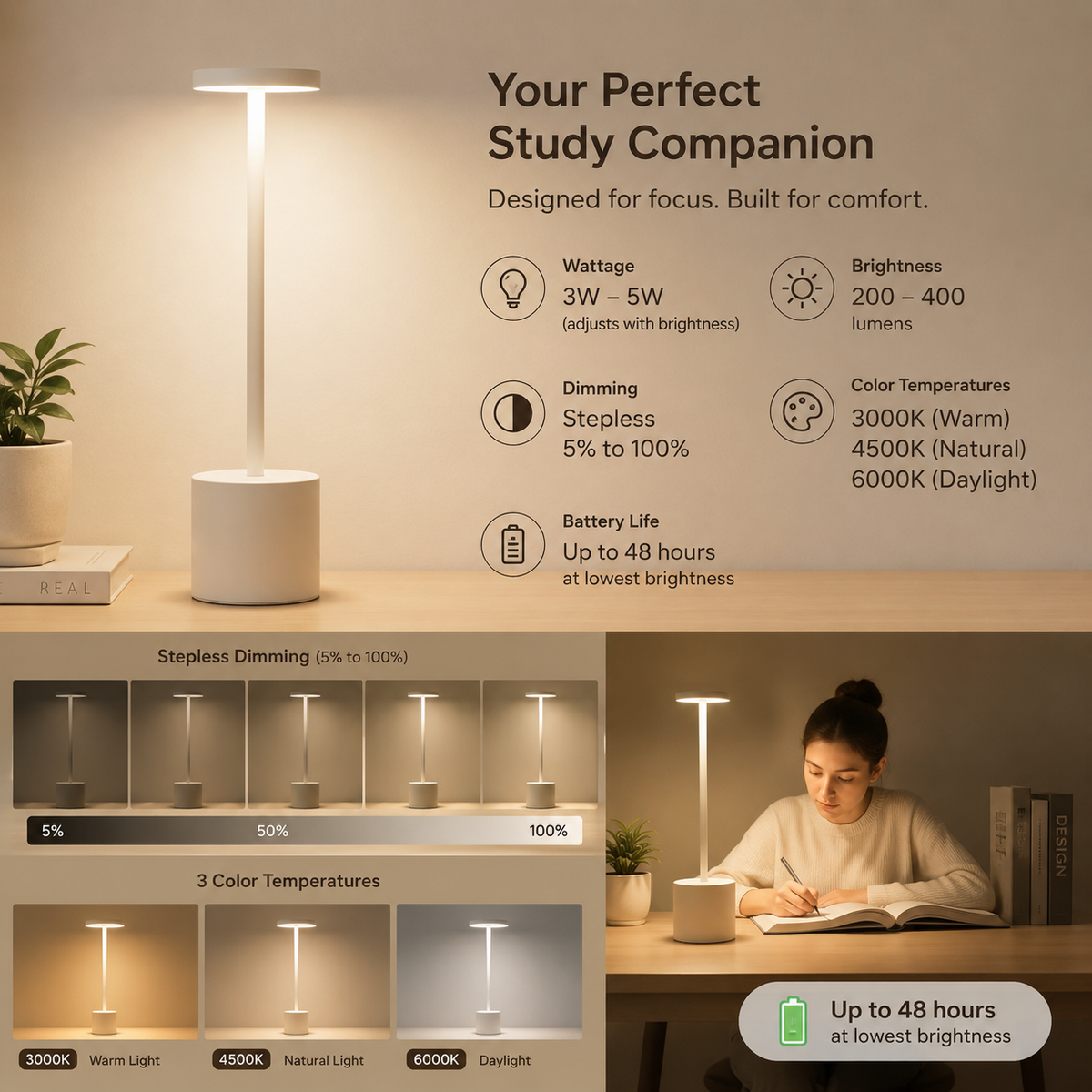Auralis™ – Minimalistische, dimmbare und wiederaufladbare LED-Tischleuchte