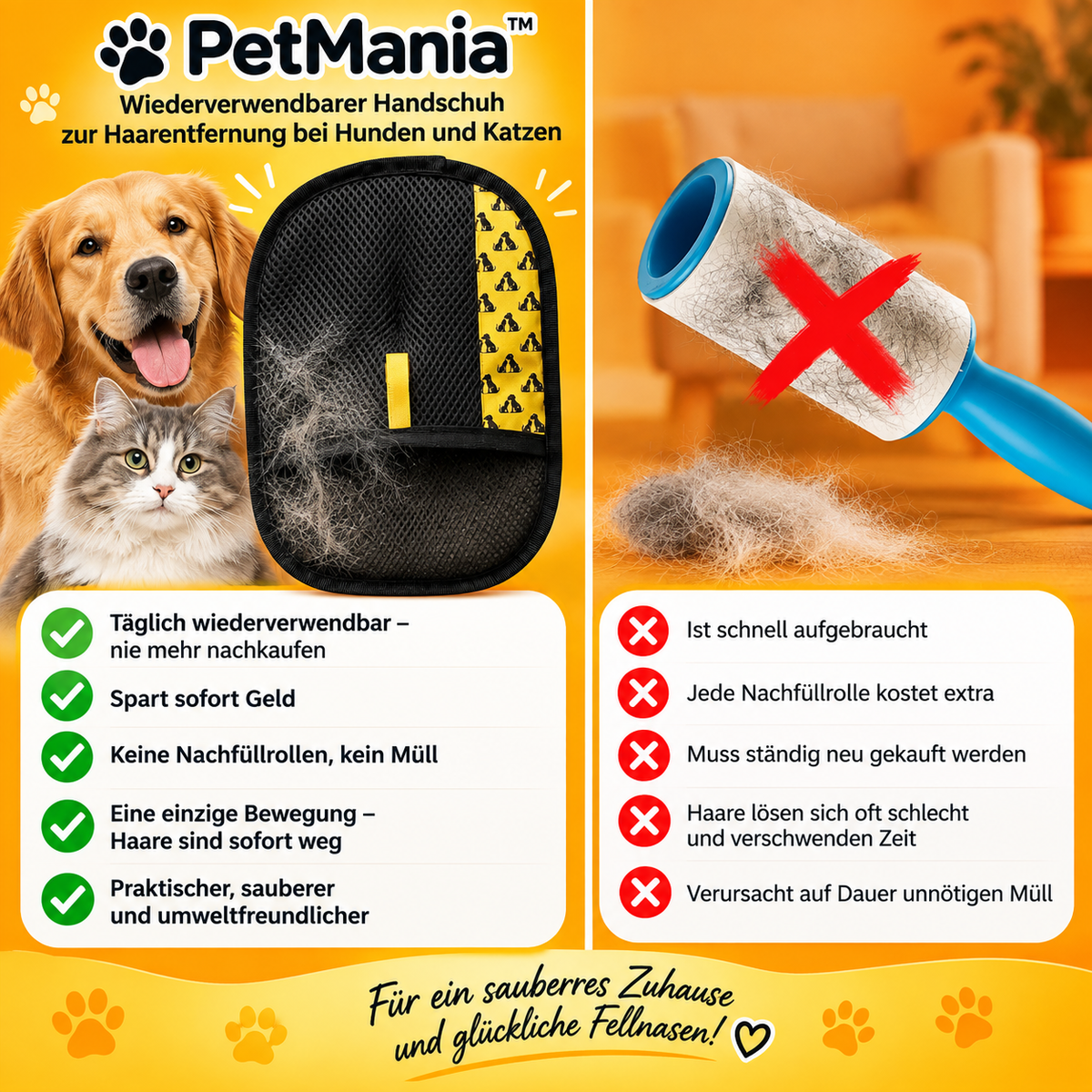 PetMania™ – Wiederverwendbarer Handschuh zur Haarentfernung bei Hunden und Katzen